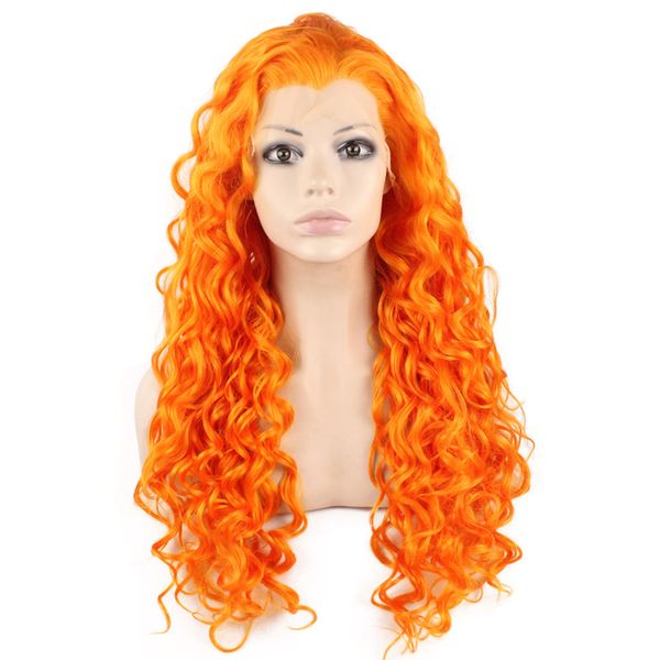 

26" extra long orange curly wig heat friendly synthetic hair lace front party, Black