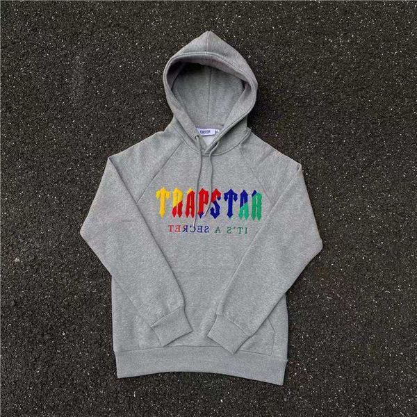 

hoodie trapstar full tracksuit rainbow towel embroidery decoding hooded sportswear men and women sportswear suit zipper trousers size xl, Gray