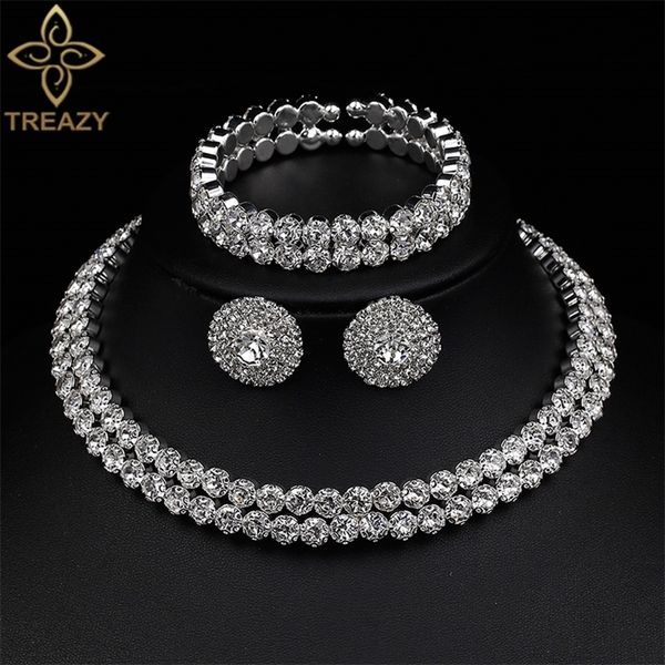 

wedding jewelry sets treazy luxury crystal bridal african choker necklace earrings bracelet set for women accessories 221123, Slivery;golden