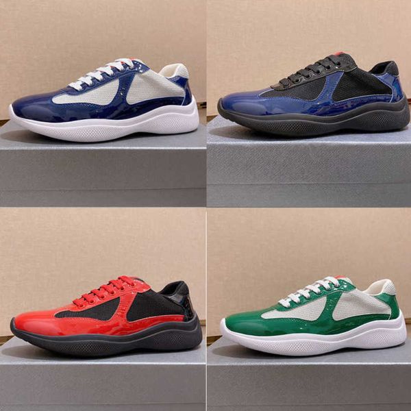 

men designer sneakers flat trainers casual shoes runner shoes patent leather black blue mesh lace-up nylon men america cup with box