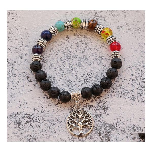 

beaded 7 chakra black volcanic rock strand bracelets natural lava stone yoga bracelet healing nce beads reiki buddha prayer beaded b dhrh6