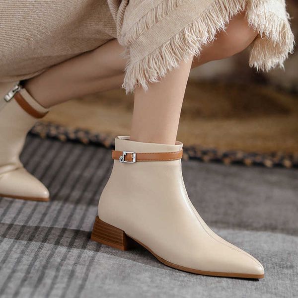 

pointed toe square heel small short boots women's 2022 autumn and winter sheepskin single boots flat bottomed commuting thin belt buckl, Black