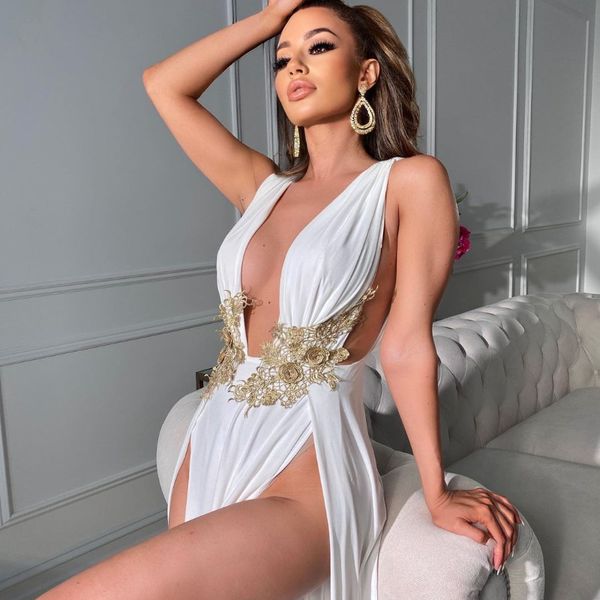 

party dresses women evening vestidos long maxi summer deep v neck backless high slit fashion festival 221123, White;black