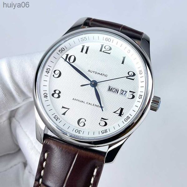 

new mens watch 40mm stainless steel leather watchband white date automatic mechanical business for men wristwatch huiya06, Slivery;brown