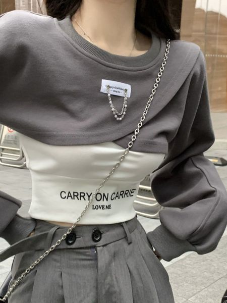 

women's hoodies sweatshirts o neck chain irregular y2k fashion korean crop harajuku punk gothic streetwear clothing camis suit 221123, Black