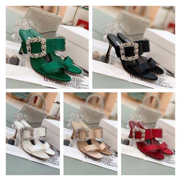 

2022 designer realfine satin sandals crystal embellished jewel buckle slides slip-on round open-toe sandal slipper high heel women fashion s, Black