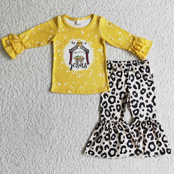 

new fashion kids designer clothes girls set jesus boutique bbay girl clothes milk silk long sleeve t-shirt leopard bell bottom outfits whole, White