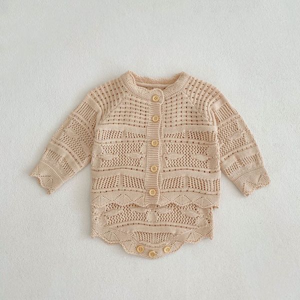 

ins infant kids knitting clothes sets baby hollow knitted cardigan sweater suspender romper toddler girls princess climb clothing a9389, White