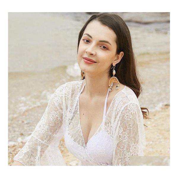 

charm rattan shell earrings handmade st wicker woven pendant bohemian chandelier statement ladies girl charm drop delivery jewelry dhmta, Golden