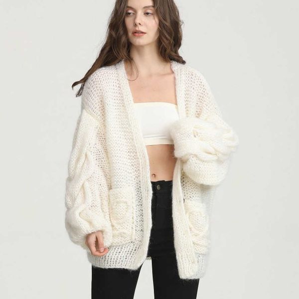 

sweater hand woven crocheted mohair loose lazy wind straight cardigan coat commuter sweater women, White;black
