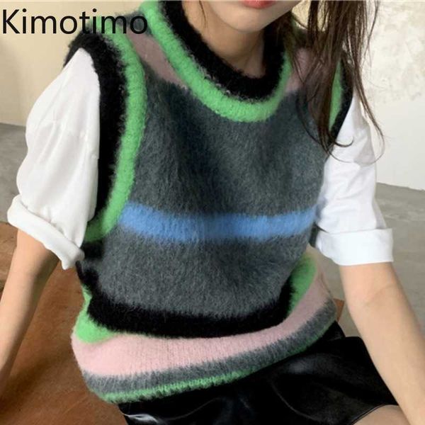 

women's sweaters kimotimo striped knitted vest women ohals color contrast outfit vest autumn fashion overlap sleeveless sweater ins j22, White;black