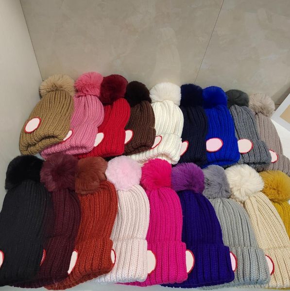 

designer winter knitted beanie woolen hat women chunky knit thick warm faux fur pom beanies hats plush knitting warmth female bonnet beanie, Blue;gray