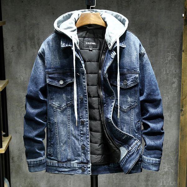 

men's jackets retro blue winter men's denim jacket thickened hooded puffer coat fashion warm personality high street male youth ou, Black;brown