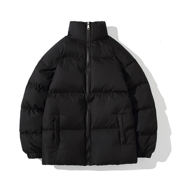 

men's wool blends winter solid color men puffer jacket casual loose thickening warm windproof harajuku style cottonpadded male coat 221, Black