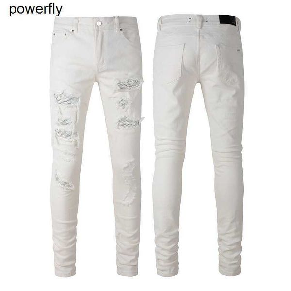 

men's jeans designer elastic amirs fitting jeans white patch pants with diamonds holes fashion streetwear pants, Blue