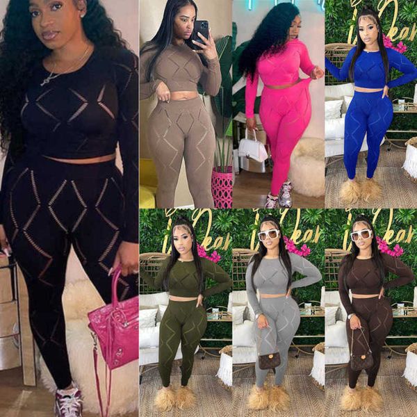 

2023 spring women two piece pants set wear new slim hollow out hole high waist tight pants casual suits 7 colours, White