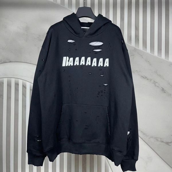 

mens hoodies sweatshirts long sleeve two-piece hooded sweater with holes velvet inside letter woman 48sp#, Black