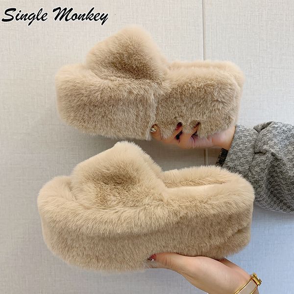

slippers women winter fur platform shoes high heels slides causal mules warm home cotton mujer zapatillas 221124, Black