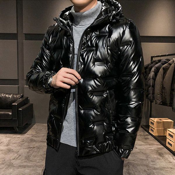 

men's down parkas winter polyester men's down jacket hooded long sleeve cardigan pockets zipper slim solid thick glossy fashion ca, Black
