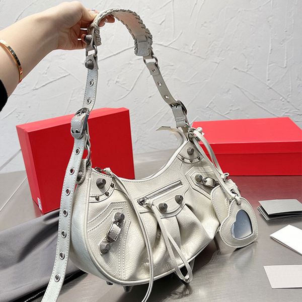 

cagole motorcycle bag women half moon crossbody bags sheepskin genuine leather plain shoulder bags zipper closure heart shaped mirror