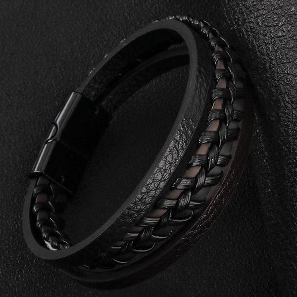 

black multilayer braided magnetic clasp button bracelet bangle cuff for men fashion jewelry