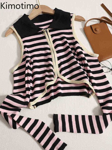 

women's sweaters kimotimo striped zipper knit vest women early autumn off shoulder long sleeves crop sweater korean design contrast lap, White;black