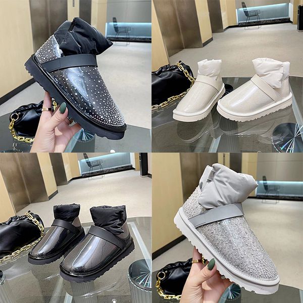 

australia designer snow boots transparent down glittering diamond decoration wool winter fur fluffy ankle boots fashion outdoor casual shoes, Black