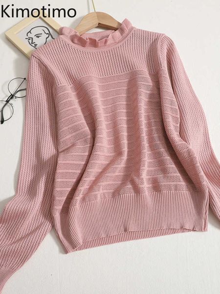 

women's sweaters kimotimo mold edge half collar knitted women 2022 autumn hollow ladies solid sweater korean long sleeve fashion sweat, White;black