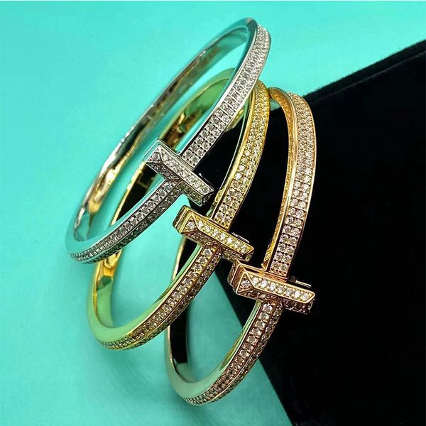

brand luxury diamond cuff crystal t bracelet fashion men women wedding bracelet classic couple designer bracelets 316l stainless steel jewel, White
