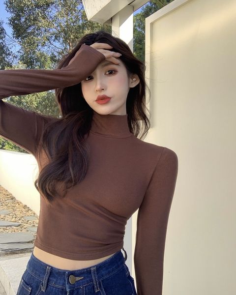 

women's tshirt women half turtleneck long sleeve t shirts lady stretchy crop tees female solid slim autumn spring 221124, White