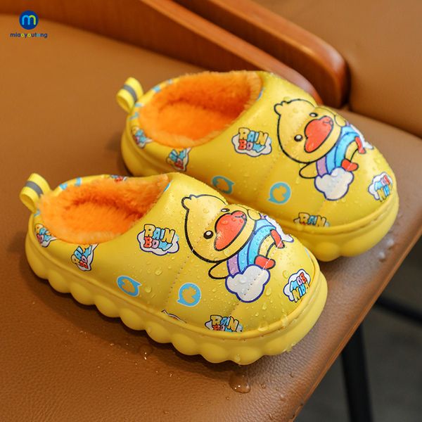 

slipper winter warm waterproof children' slippers non-slip sole plush cotton boys and girls indoor outdoor kids home shoes miaoyoutong, Black;grey