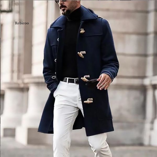

men's wool blends long woolen blend coat fashion wear midlength overcoat horn button turn down neck autumn winter 221124, Black