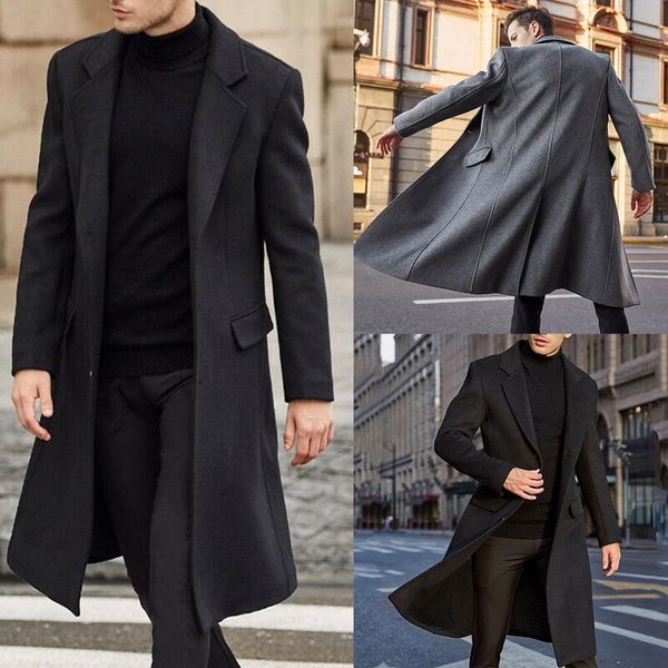 

men's wool blends spring autumn winter men coats woolen solid long sleeve jackets fleece men overcoats streetwear fashion long trench o, Black