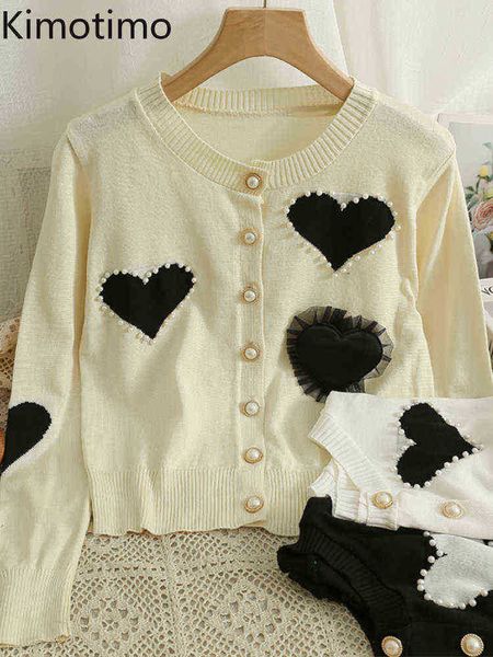 

women's sweaters kimotimo heart stitching mesh beaded knitted cardigan women 2022 autumn sweet o neck sweater korean chic long sleeve d, White;black