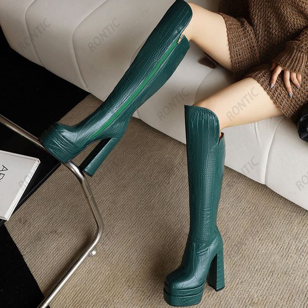 

sukeia handmade women winter knee boots faux leather block heels square toe pretty gold cosplay shoes ladies us size 3-10.5, Black