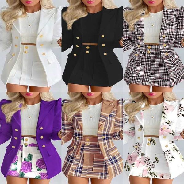 

2022 autumn winter women tracksuits printed blazer office lady business ladies temperament slim short skirt two piece suit 2 pieces, Gray