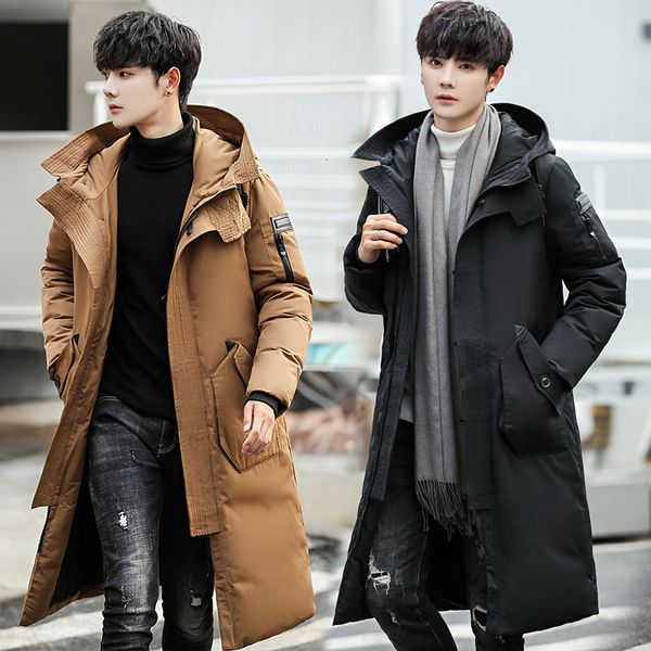 

men's down parkas warm down jackets white duck down coat mens parkas winter thicken jacket outdoor long overcoat male hooded zipper str, Black