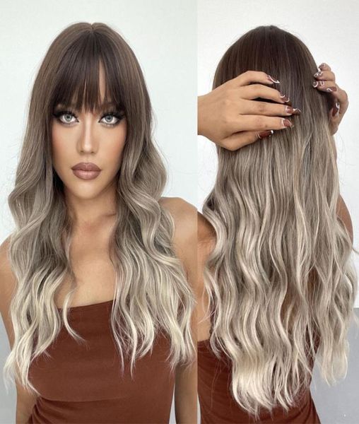 

synthetic wigs alan eaton long wave with bangs omber ash brown blonde for women cosplay party daily heat resistant fiber4327470, Black