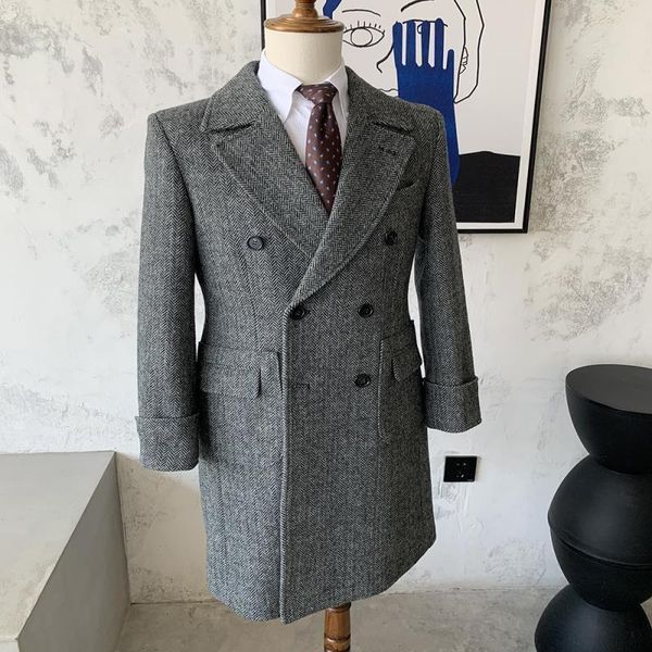 

men's wool blends men's wear autumn fashion double breasted clothes male long coat loose overcoat handsome casual wool clothing q1, Black
