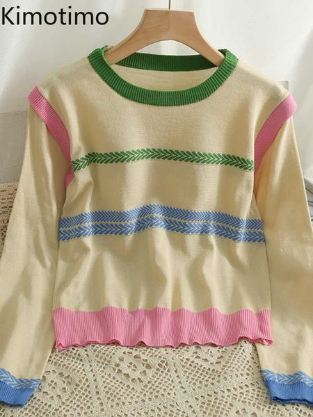 

women's sweaters kimotimo colorblock striped knitted sweater women korean chic slim thin long sleeve sweater 2022 autumn o neck fashion, White;black