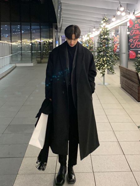 

men's wool blends long sleeve wool trench coat male autumn brand mens solid color cashmere coat slim fit woolen windbreaker for men q11, Black