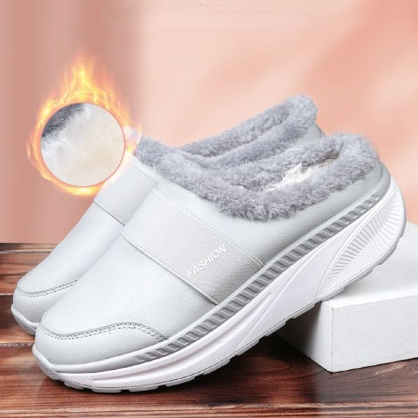 

slippers winter warm plush indoor couple women nonslip platform leather waterproof soft home wedges ladies cotton slipper 221124, Black