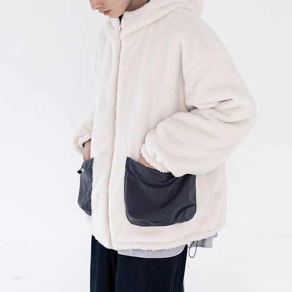 

men's wool blends autumn and winter products harajuku doublesided wearable granular fleece hooded cold protection jacket 221124, Black