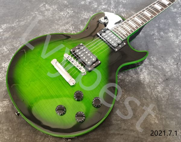 

lvycstomized electric guitar green flame black edge burst black open pole hh pickup tune o matic bridge and tail