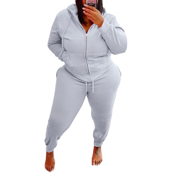 

women's solid color large size long sleeve casual sports suit, White