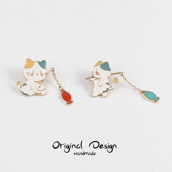 

cute cartoon cat brooch pins cat fishing with chain diy button pin metal denim jacket pin badge jewelry gift for kids cats hat, Blue