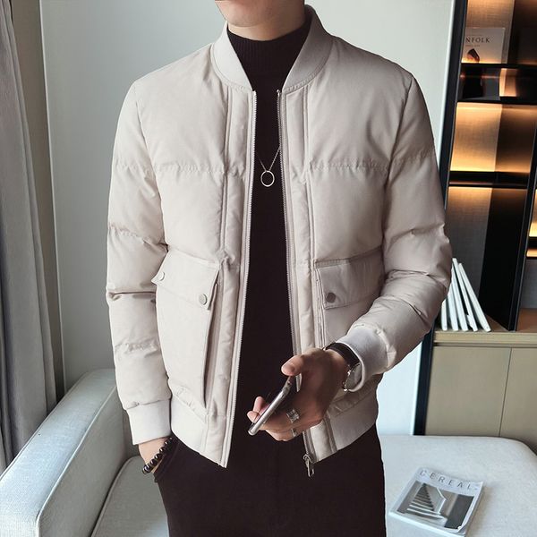 

men's wool blends men's down puffer warm slim korean fashion casual cargo parker jacket male big pocket simple cottonpadded 221124, Black