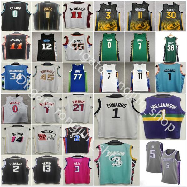 

2022-23 new city basketball antetokounmpo irving mitchell george durant lillard booker derozan embiid harden young curry poole doncic ball t, Black;red