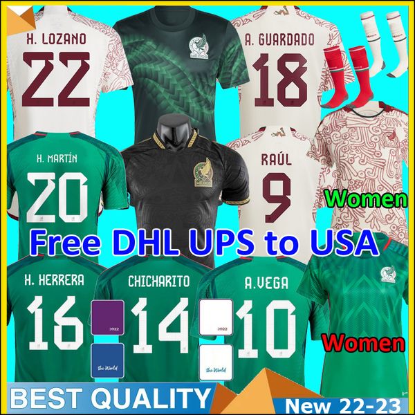 

dhl ups to us 2022 soccer jerseys mexico world cup raul h.losano guardado chicharito g dos santos football shirt mexican men kids women sets, Black;yellow