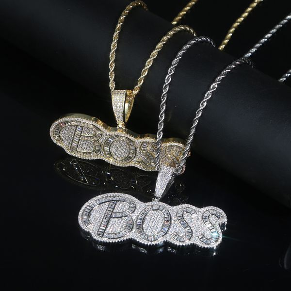 

iced out new boss letter pendant necklace paved 5a cubic zircon stone with rope chian for women men hip hop jewelry wholesale, Silver